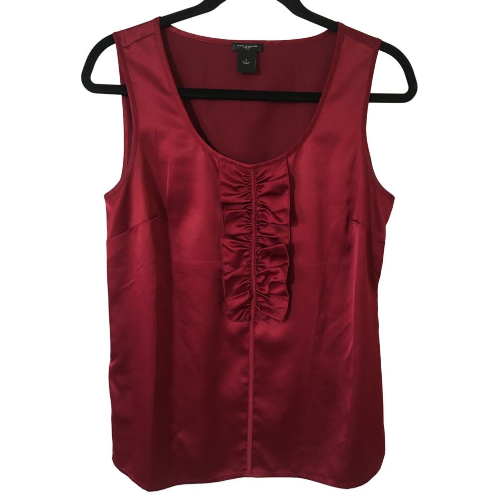 Ann Taylor Size 4 Silky Red Sleeveless Scoop Neck Ruffled Blouse